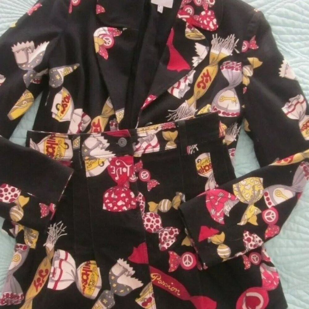 Moschino Jeans Candy Peace Sign Lined Jacket 2 Piece Skirt Suit USA Sz 8 IT42